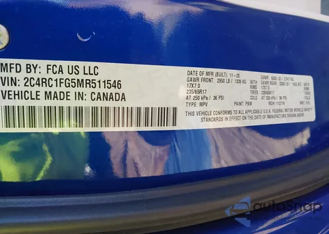 2021 Chrysler Pacifica Touring z USA, uszkodzony, nr VIN 2C4RC1FG5MR511546